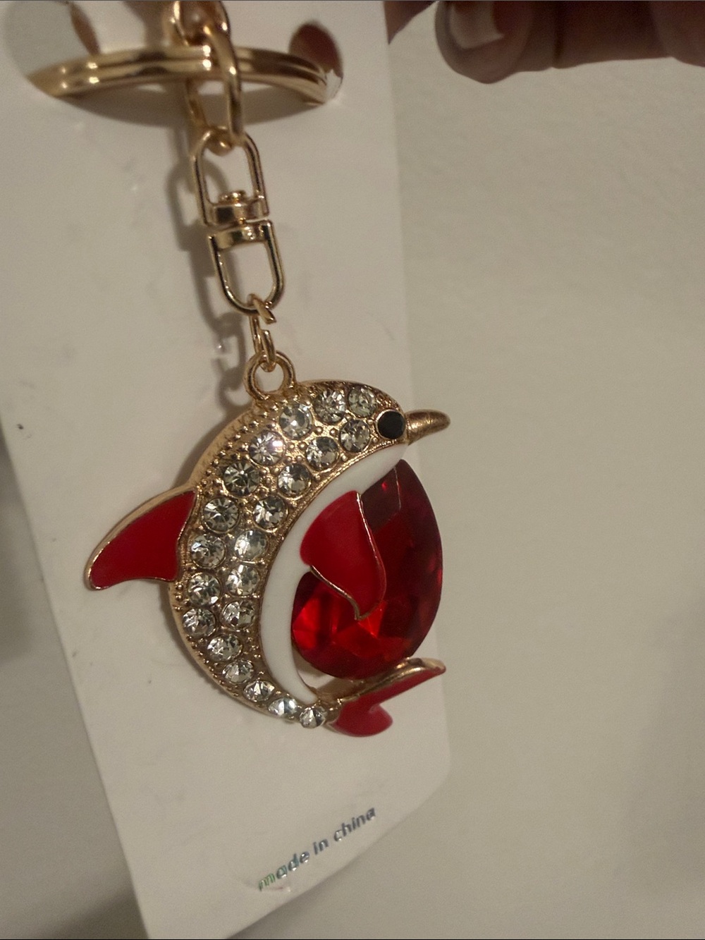 Mint Gold-Tone Dolphin Keychain with Red Crystal - Picture 2 of 3
